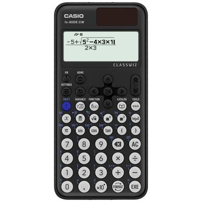 Une calculatrice affiche le calcul '-5 + √(52 - 4 x 3 x 11) / 2 x 3'. En haut est inscrit 'CASIO fx-85DE CW CLASSWIZ'.