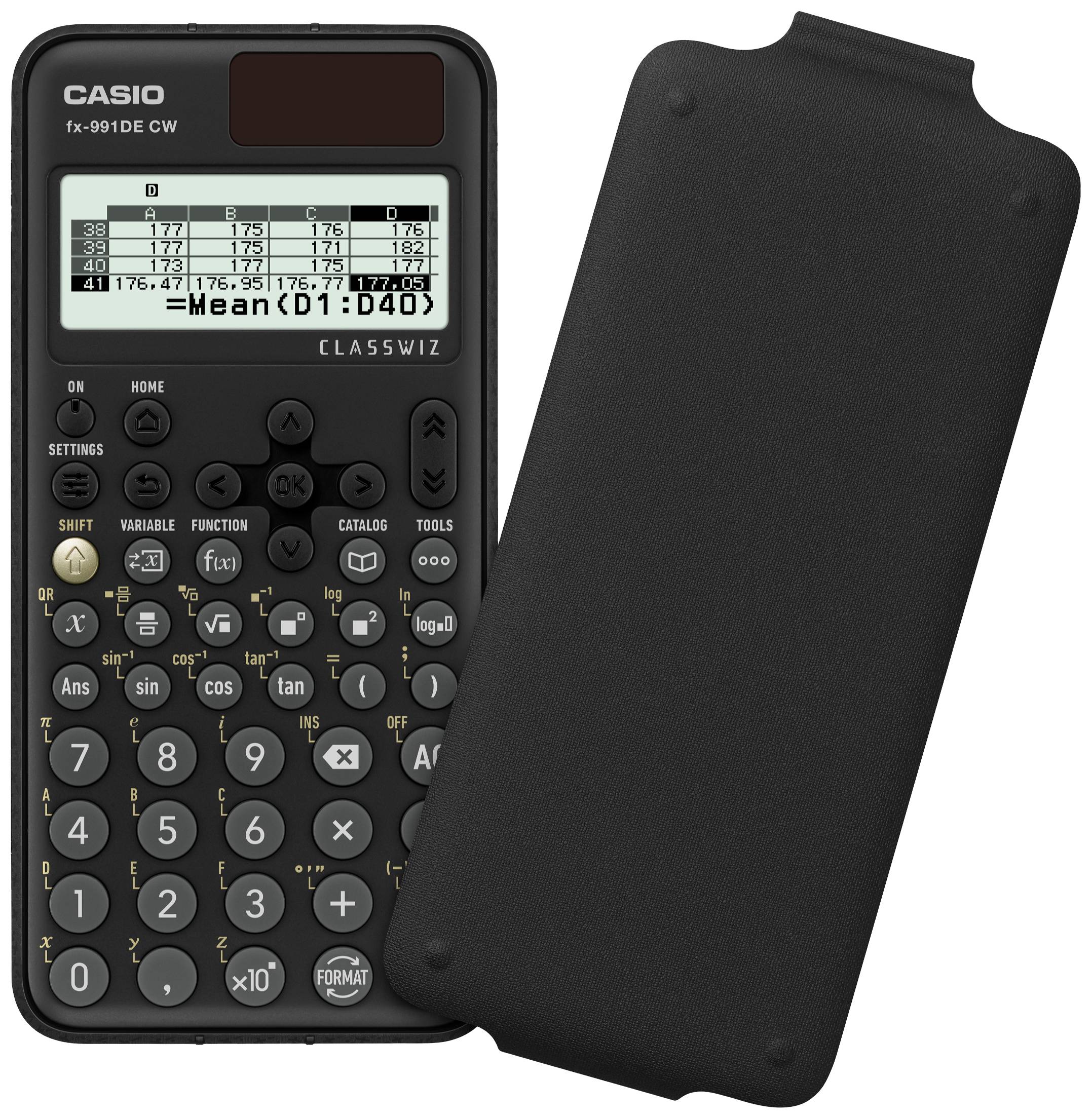 Un calculateur scientifique, modèle Casio fx-991DE CW, avec son couvercle retiré. L'écran affiche des données statistiques : D1:40.
