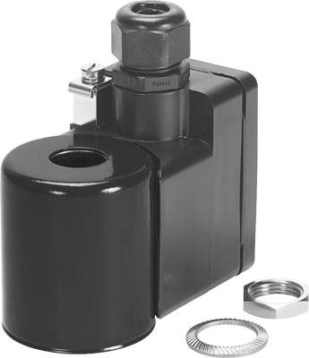 Une vanne électromagnétique noire de forme cylindrique avec un anneau métallique à côté. Elle est utilisée pour contrôler le flux de liquides dans des systèmes techniques.