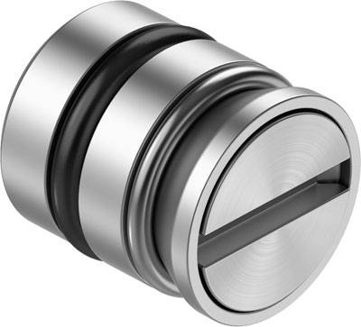 Un cylindre de fermeture cylindrique en métal argenté, magnétique, avec un joint en caoutchouc noir et une fente pour vis sur la face avant.