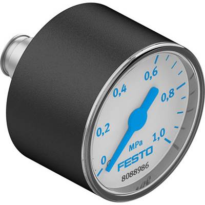 Manomètre analogique de Festo pour mesurer la pression, indiquant une plage jusqu'à 1,0 MPa, boîtier noir avec échelle bleue et aiguille.