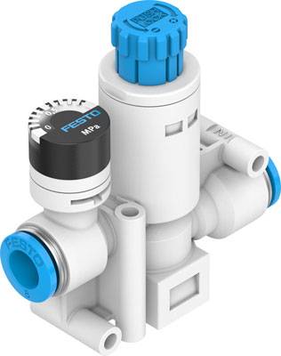 Un régulateur de pression pneumatique de Festo avec des éléments bleus et blancs. Il dispose de différents boutons de réglage et de connexions.