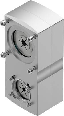 Deux pièces métalliques cylindriques interconnectées, fixées par des vis et présentant des cavités circulaires, probablement un composant d'un dispositif technique.
