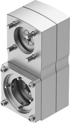 Deux composants métalliques cylindriques argentés, empilés verticalement, chacun muni de quatre boulons saillants.