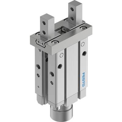 Cylindre à double piston en métal avec éléments de fixation et rails de guidage verticaux, adapté aux mouvements linéaires précis.