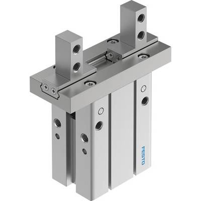 Un vérin linéaire pneumatique de Festo avec deux chariots de guidage et des trous de fixation, adapté aux applications de mouvement précises.