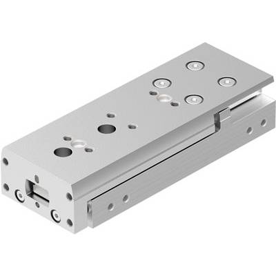 Cylindre pneumatique rectangulaire en métal, percé de plusieurs trous et doté de points de montage. Utilisé pour le contrôle précis des mouvements dans les machines.