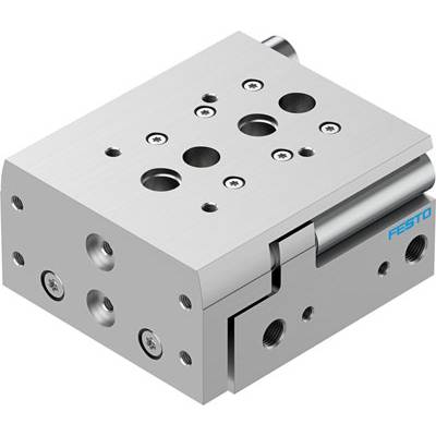 Cylindre pneumatique argenté avec plusieurs perforations et trous de vis, marque 'Festo'.