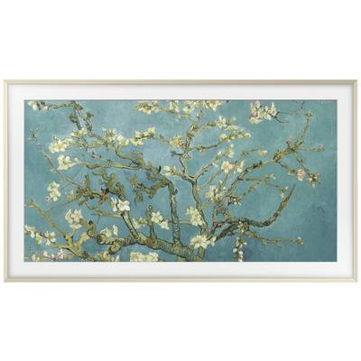 Un tableau représente des branches d'amandier en fleurs sur un fond turquoise, inspiré des estampes japonaises.