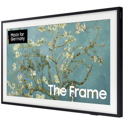 Peinture d'une branche de cerisier en fleurs sur un fond turquoise. Texte : 'The Frame', 'Made for Germany'.