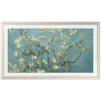 Peinture d'un amandier en fleurs aux branches ondulantes sur un fond turquoise. Inspiré par Van Gogh.