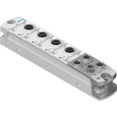 Un module de commande industriel doté de plusieurs connexions rondes, étiqueté 'SO1', 'SO2' et portant le logo Festo. Adapté pour l'automatisation.