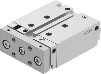 Vérin plat pneumatique de Festo, design anguleux avec plusieurs vis et trous visibles, principalement utilisé pour des mouvements précis.