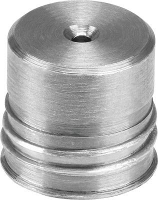 Un élément métallique argenté, cylindrique, avec un creux central et des rainures sur sa face inférieure.