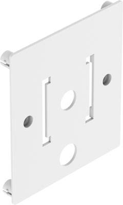 Plaque de couverture blanche, rectangulaire, avec deux trous et des clips sur les côtés, adaptée pour la fixation sur un mur ou un appareil.