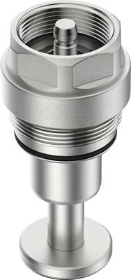 Une vanne en argent filetée, de forme cylindrique, utilisée dans les systèmes sanitaires pour réguler le flux d'eau.