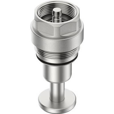 Une vanne en argent filetée, de forme cylindrique, utilisée dans les systèmes sanitaires pour réguler le flux d'eau.