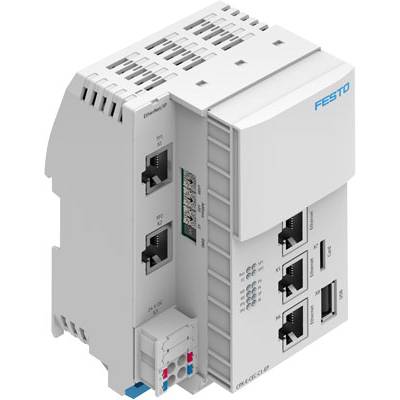 Une unité de commande industrielle blanche avec des ports Ethernet et plusieurs interfaces, identifiée par le logo 'Festo'.