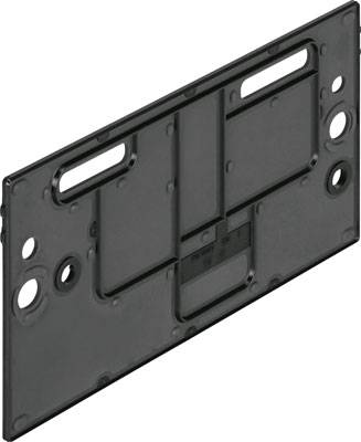 Une plaque en plastique noir avec plusieurs découpes rectangulaires et circulaires, probablement un couvercle pour une application technique.