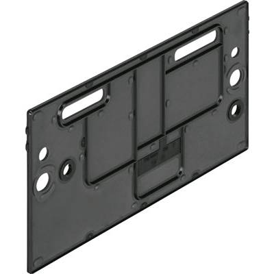 Une plaque en plastique noir avec plusieurs découpes rectangulaires et circulaires, probablement un couvercle pour une application technique.