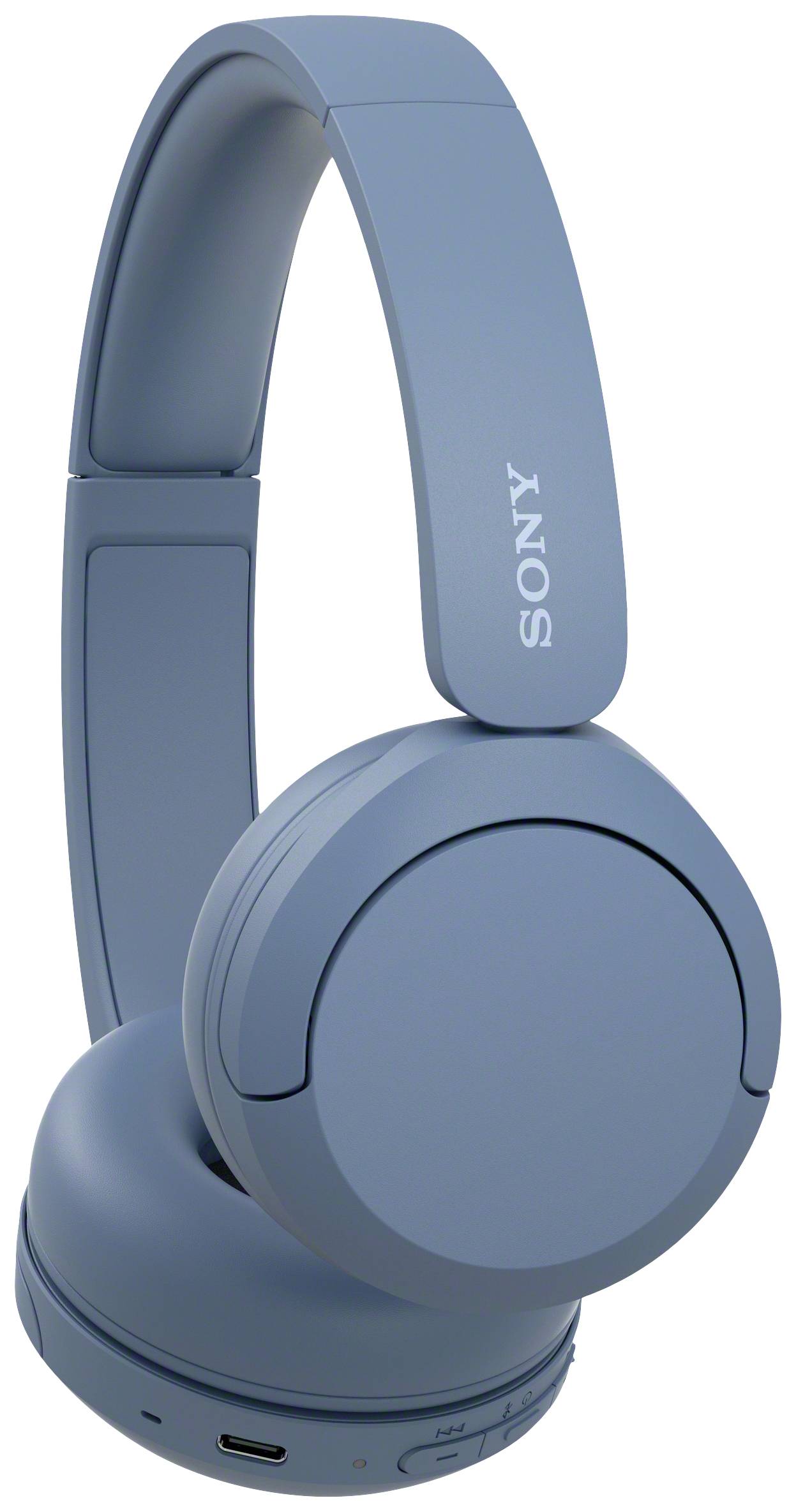 Un casque audio bleu Over-Ear avec le logo de la marque sur le côté du bandeau. Il comprend des boutons pour le contrôle du volume et de la lecture.