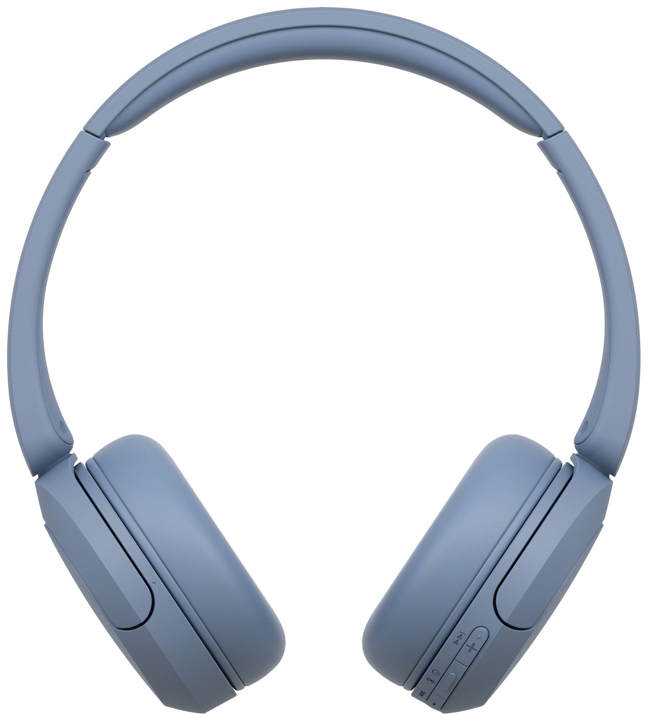Écouteurs sans fil bleus over-ear, vue de face, avec boutons de commande sur le pavillon de l'oreille.