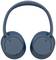 Casque sans fil bleu, de type circum-auriculaire, avec des coussinets d'oreille rembourrés et un arceau ajustable, présenté sur un fond blanc.