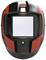 Casque de soudage en noir et rouge avec fenêtre de vision rectangulaire et logo de marque en haut.
