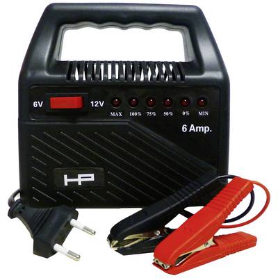 Chargeur de batterie noir de 6 ampères, avec interrupteur à bascule pour 6V et 12V, voyants LED d'état de charge, câbles avec fiche européenne et pinces.