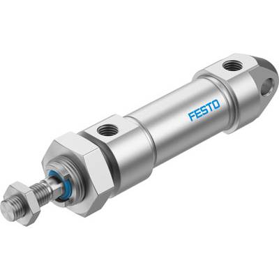 Un vérin pneumatique argenté de la marque Festo avec deux trous de montage aux extrémités, adapté aux applications industrielles.