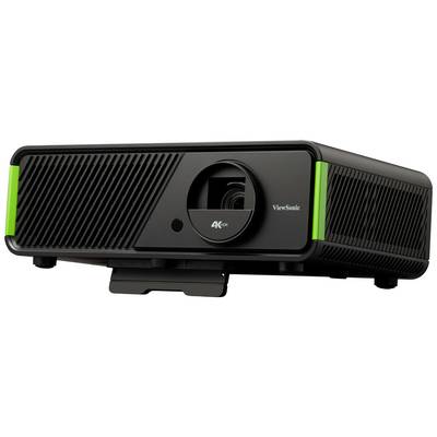 Un projecteur noir 4K avec un accent vert de la marque ViewSonic, doté d'un design de lentille avant et de sorties d'aération sur les côtés.