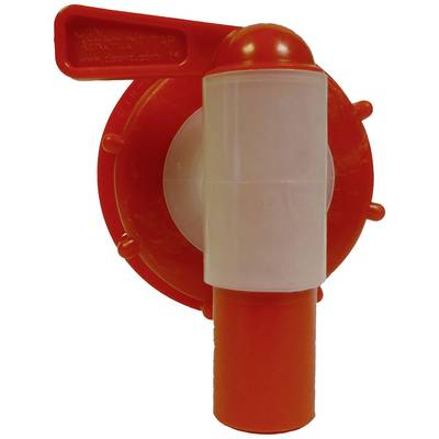 Robinet en plastique rouge avec une poignée cylindrique verticale et un levier horizontal pour le débit de liquide.