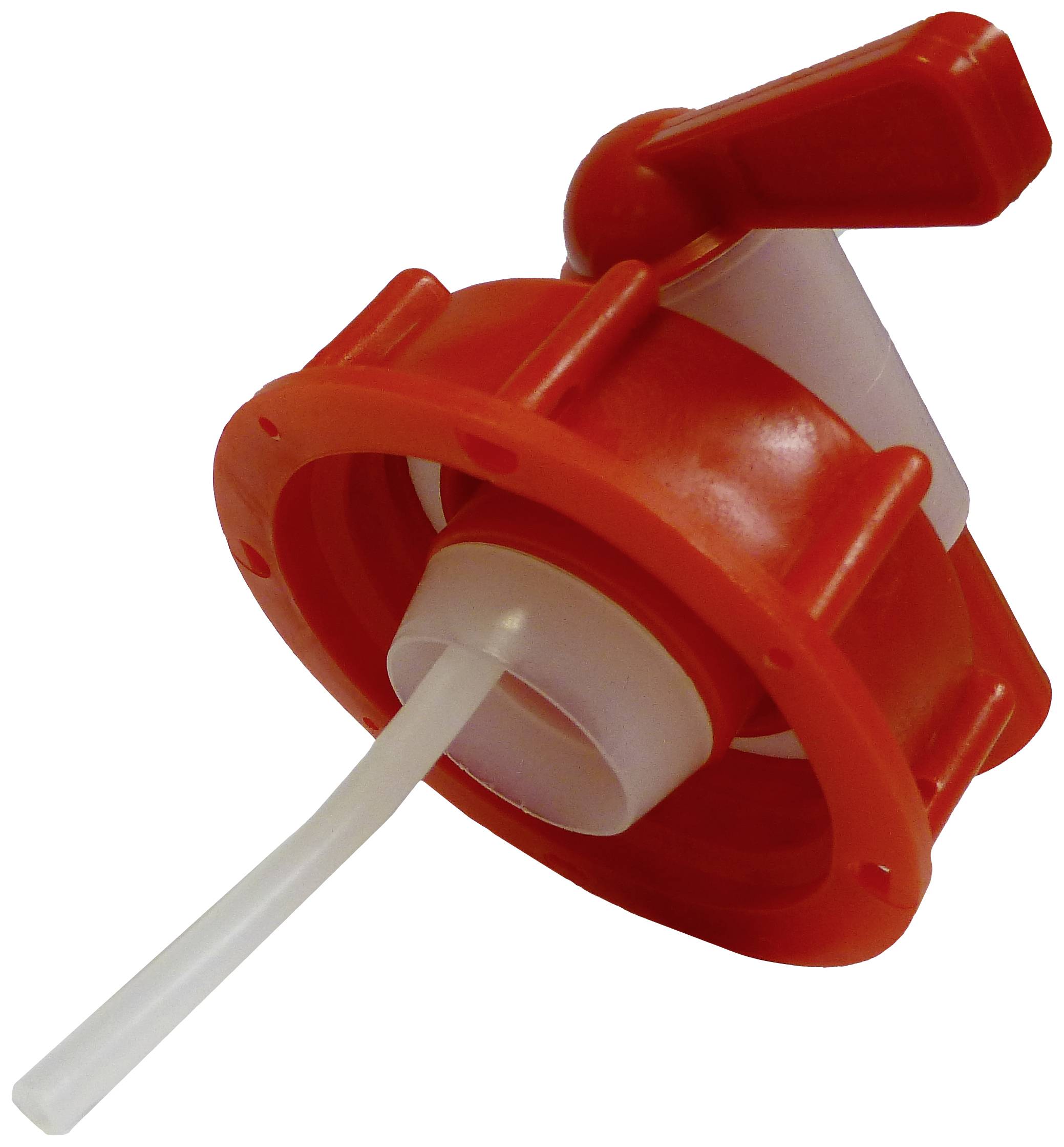 Robinet en plastique rouge avec poignée et petit tube de sortie, couramment utilisé pour les récipients de liquides.