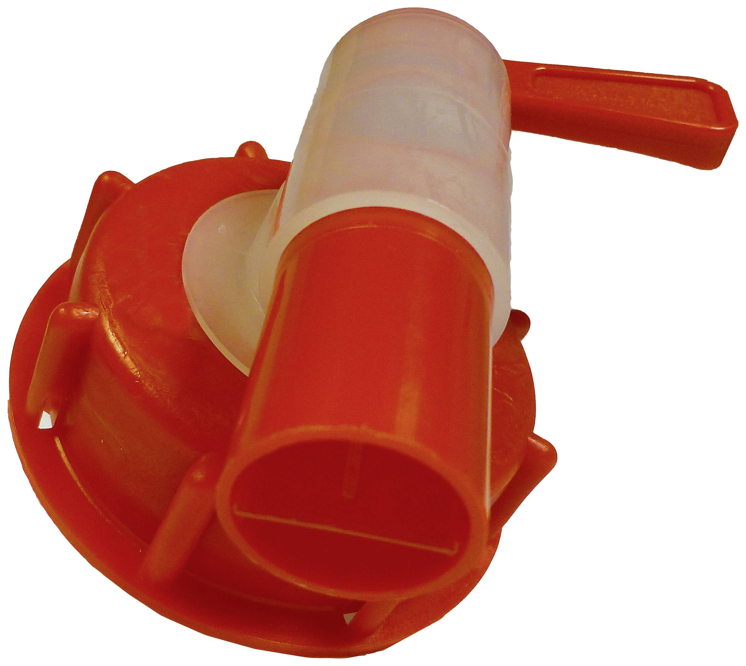 'Sortie en plastique orange avec poignée et filetage, utilisée pour vidanger des liquides à partir de contenants.'