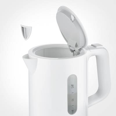 Une bouilloire blanche avec un couvercle ouvert et un filtre amovible affiche une échelle indiquant un volume maximal d'un litre d'eau.