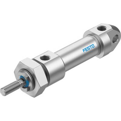 Cylindre pneumatique argenté de Festo avec marquage bleu, pourvu de deux filetages aux extrémités, utilisé pour le contrôle de mouvement dans les machines.