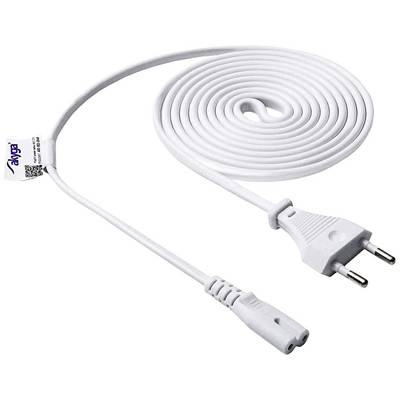 Un câble de rallonge blanc et spiralé avec une fiche Schuko et un coupleur. Visuellement propre et soigneusement enroulé.
