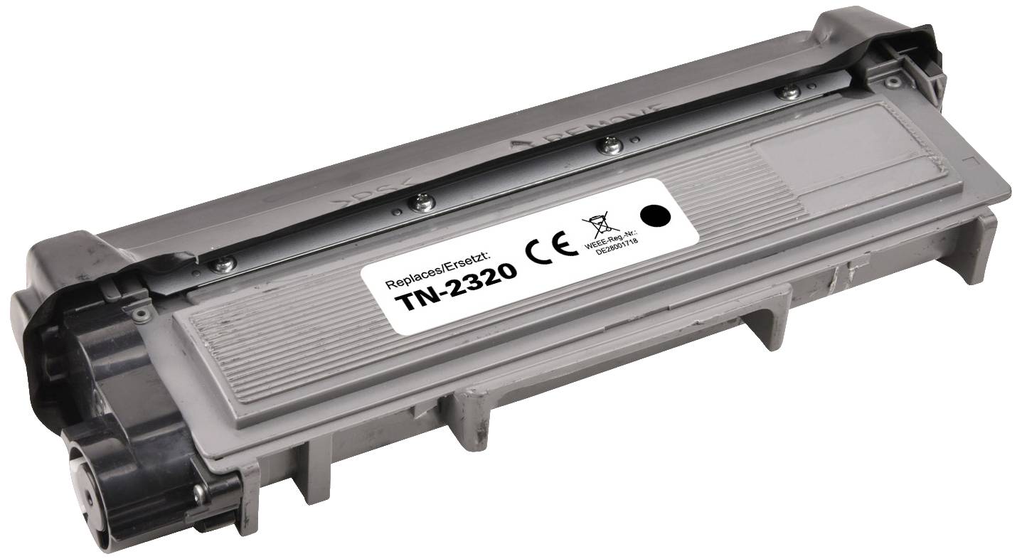 Un modèle de cartouche de toner noir 'TN-2320' pour imprimante, portant le marquage CE et le symbole de recyclage.