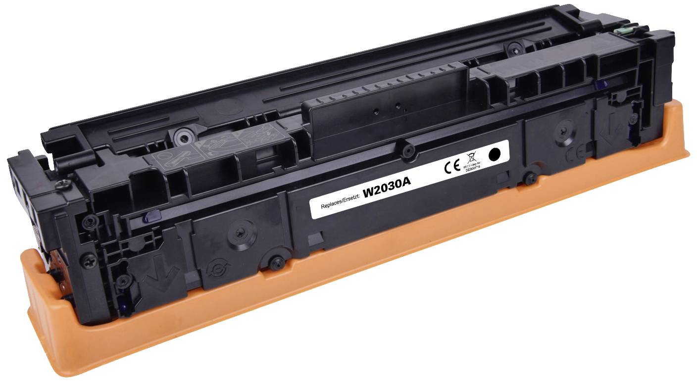 Cartouche de toner noir pour imprimante, numéro de modèle W2030A, avec couvercle de protection orange.