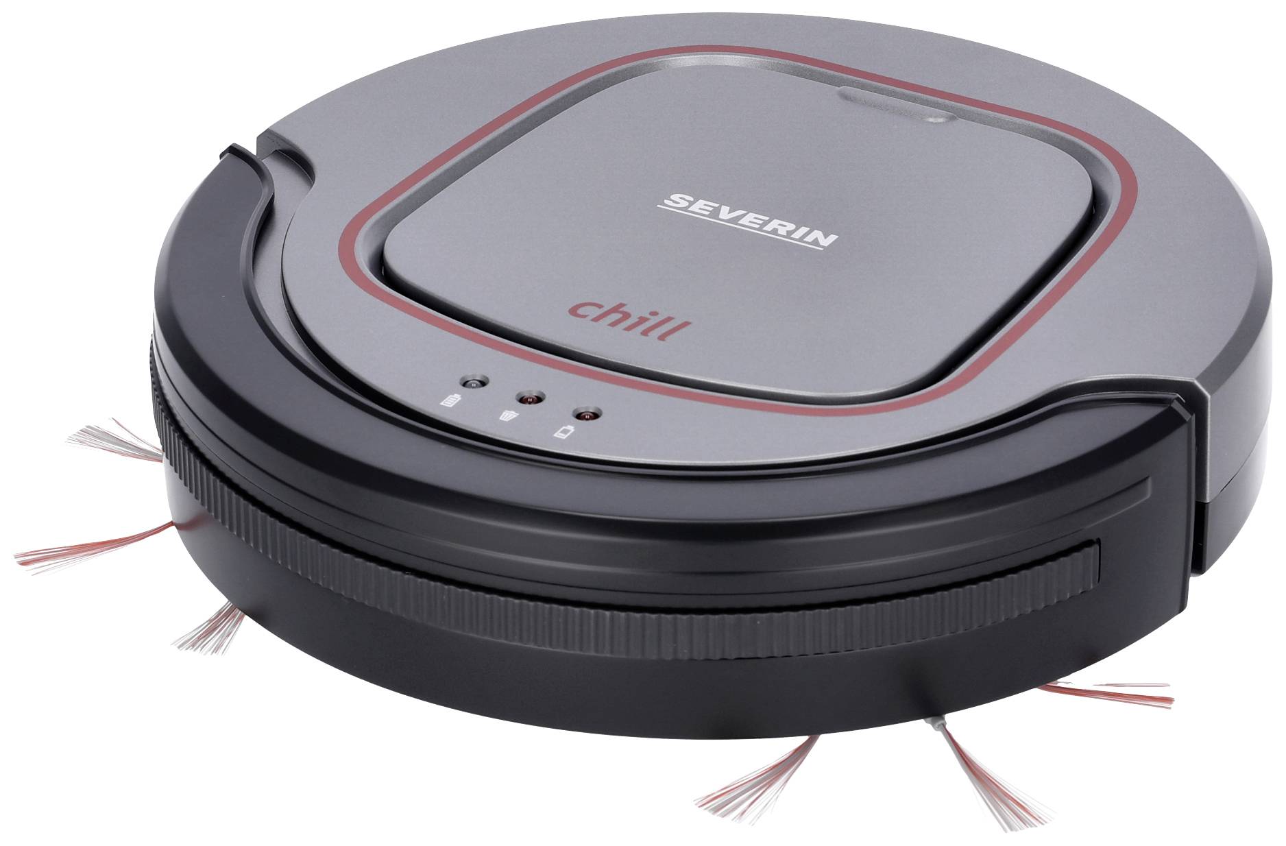 Un robot aspirateur rond en argent et noir avec des brosses sur les côtés, marqué 'Severin' et 'chill'.