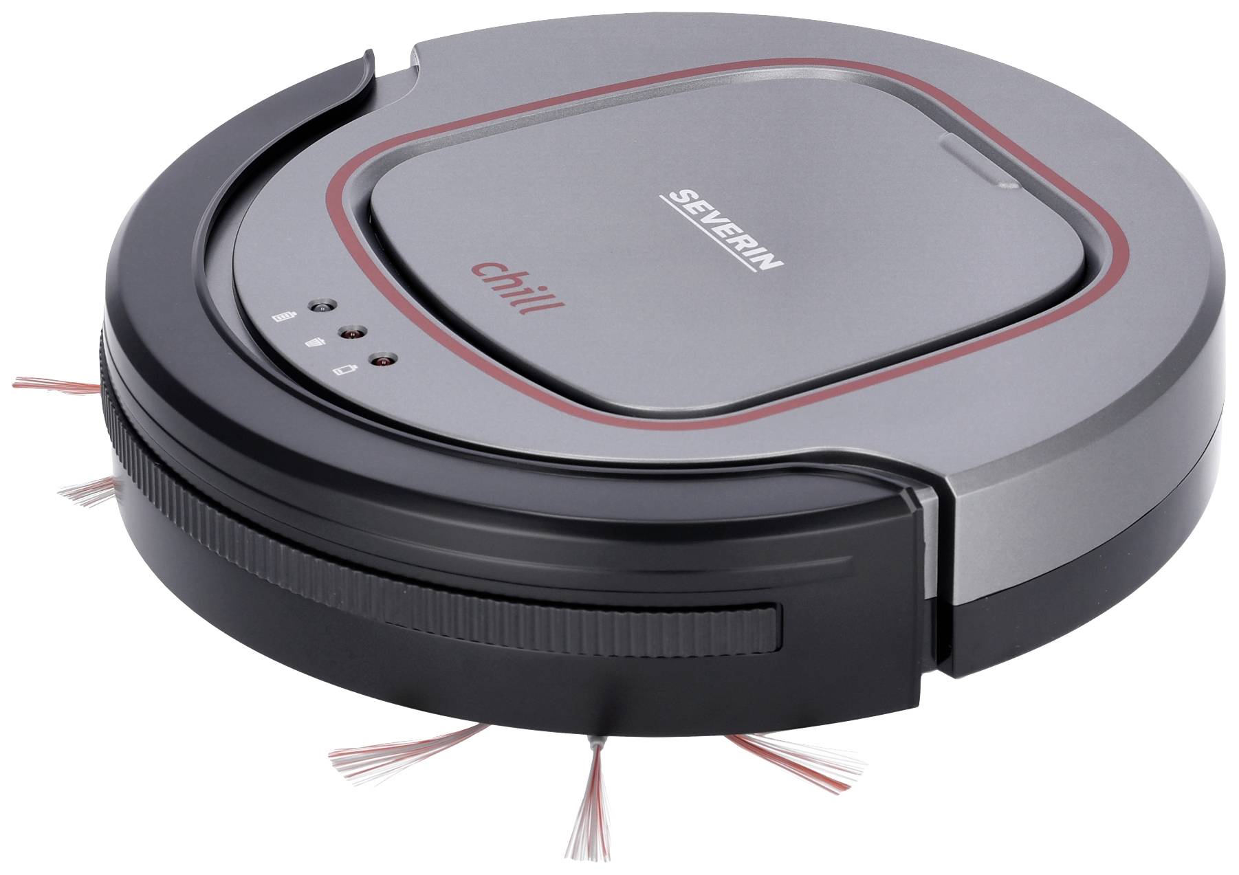 Un robot aspirateur rond gris portant l'inscription 'chill'. Nom de marque en haut. Deux brosses visibles. Adapté pour aspirer les sols.