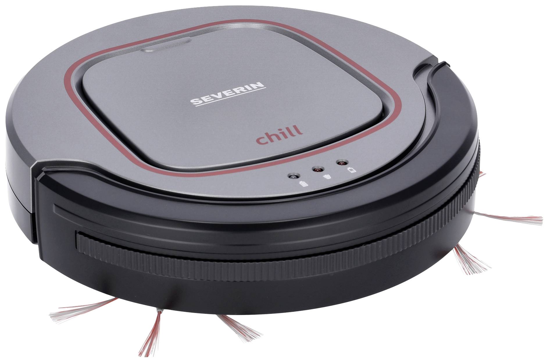 Un robot aspirateur rond gris portant l'inscription 'Severin chill'. Il est équipé de brosses rotatives sur les côtés pour le nettoyage.