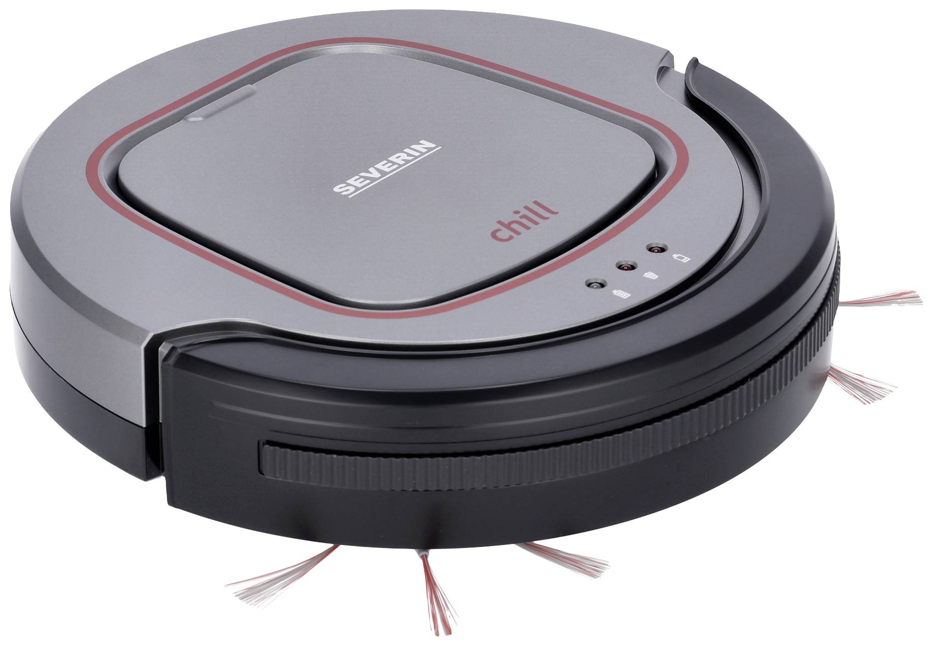 Un robot aspirateur gris 'Severin Chill' avec des accents rouges, une surface supérieure rectangulaire et un boîtier rond, avec des brosses latérales visibles.