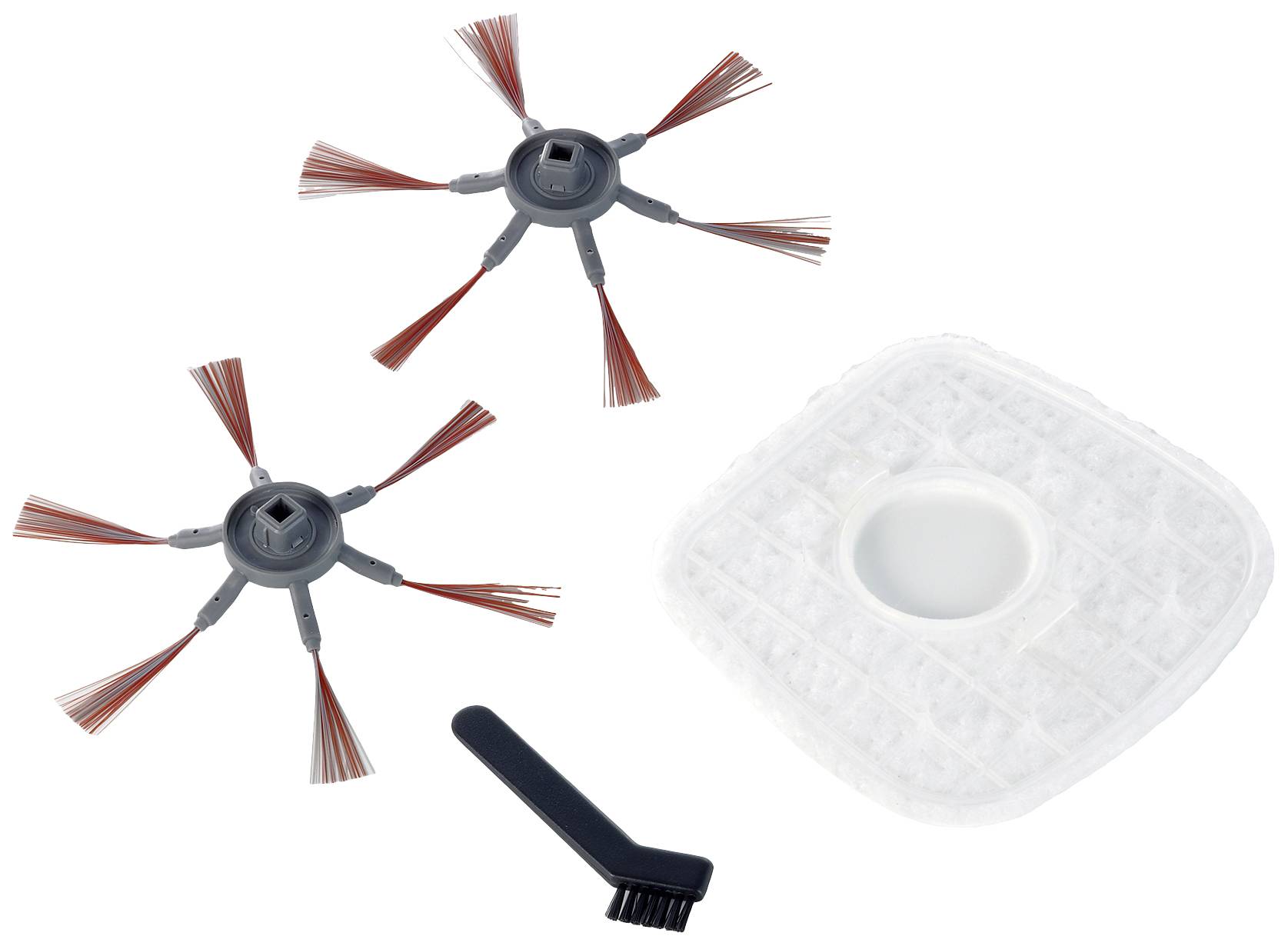 Pièces détachées d'un aspirateur robot : Deux brosses rotatives avec des poils rouges, un filtre et une petite brosse de nettoyage.