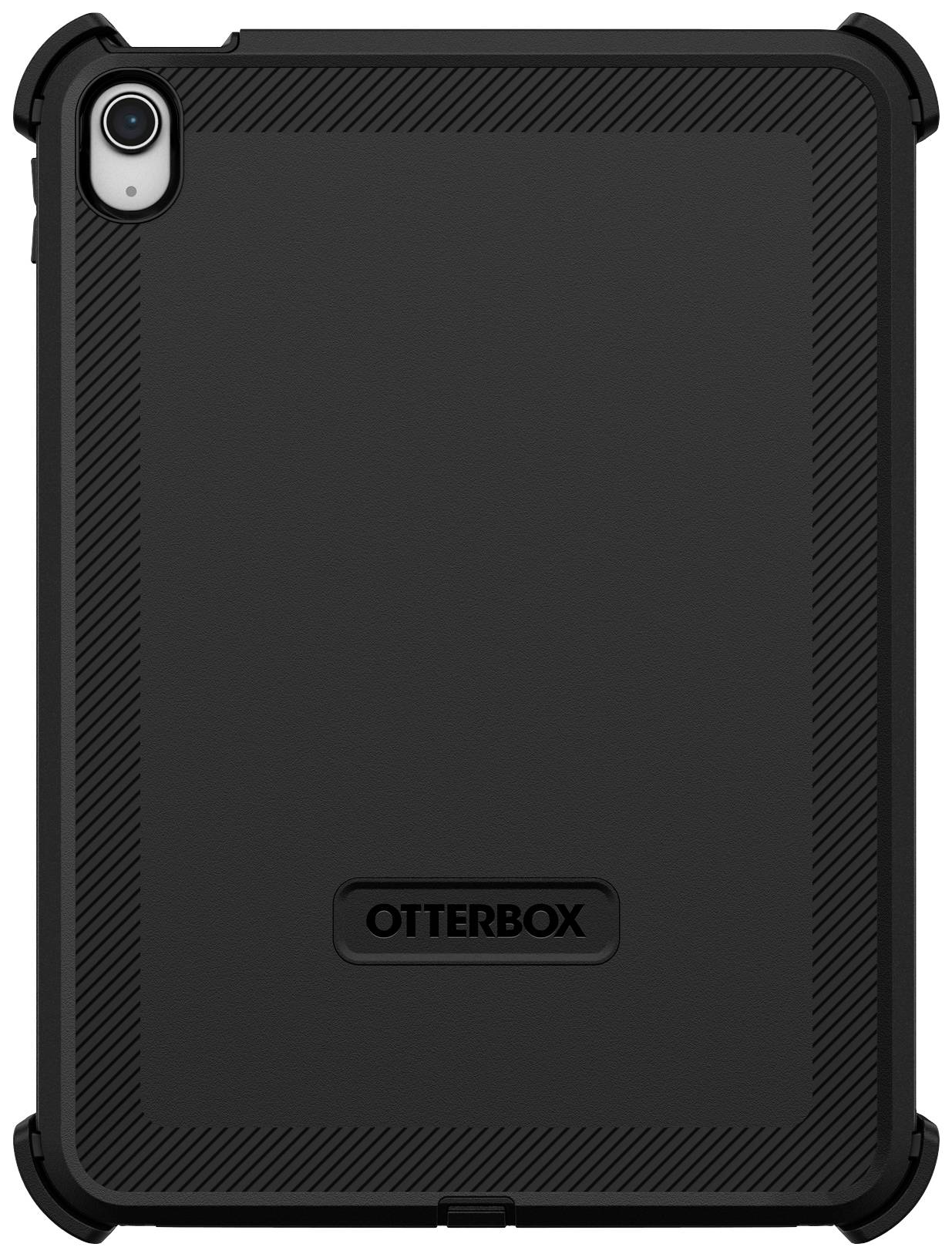 Une coque de protection noire OtterBox pour tablette, protégeant l'arrière avec la caméra.