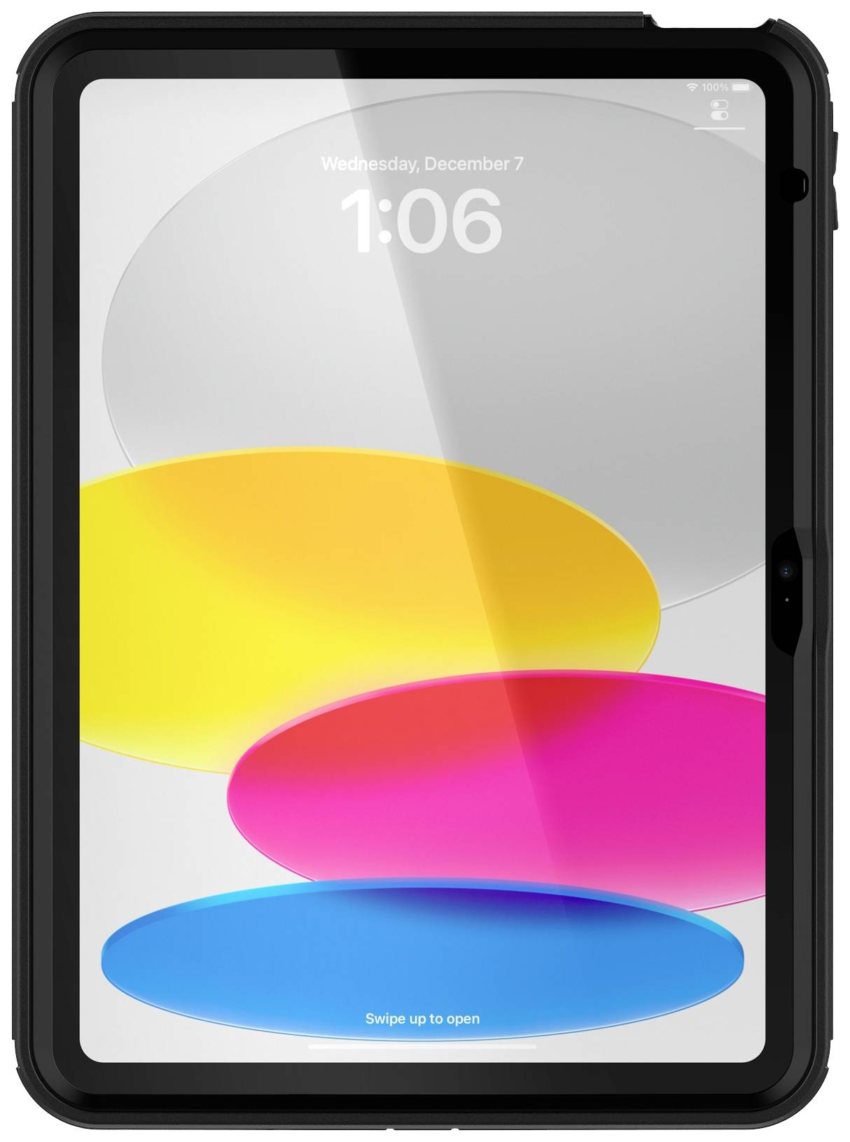 Tablette avec un économiseur d'écran coloré. Représentation d'ovales jaunes, magenta et bleus sur un fond gris.