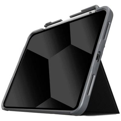 Une tablette dans un boîtier de protection est positionnée sur un support en orientation paysage. Le boîtier est robuste et fonctionnel.