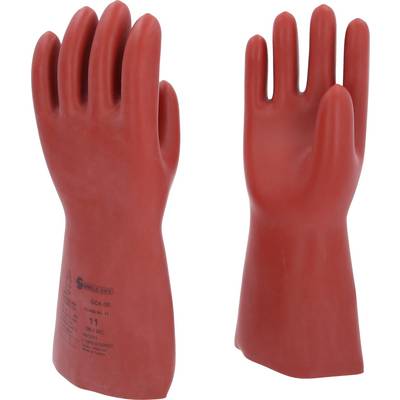 Deux gants de protection rouges sont debout. Adaptés à la protection électrique, formés avec cinq doigts, conçus à des fins de sécurité.