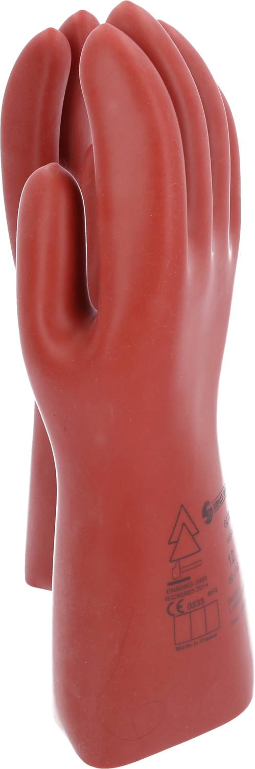 Un gant de caoutchouc rouge, protecteur et isolant, adapté aux travaux électriques. Contient des symboles et des marquages de sécurité.