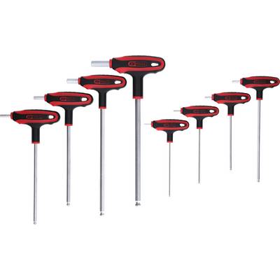 Sept clés hexagonales en T de différentes longueurs, noir et rouge ; adaptées aux outils manuels pour le serrage des vis.